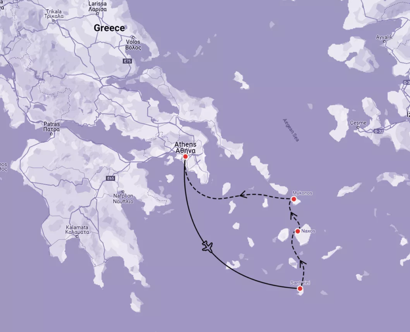 Route map — Greece: Athens, Santorini, Naxos & Mykonos