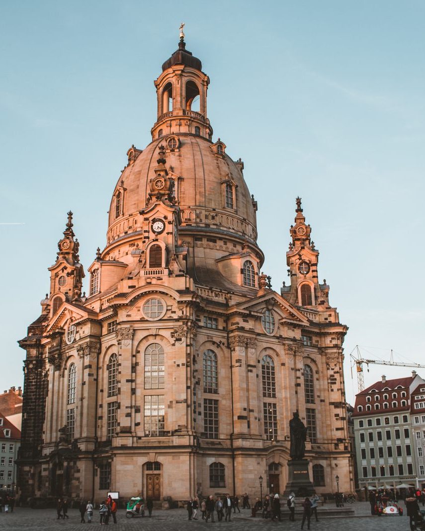 The rebuilt Frauenkirche in Dresden at golden hour