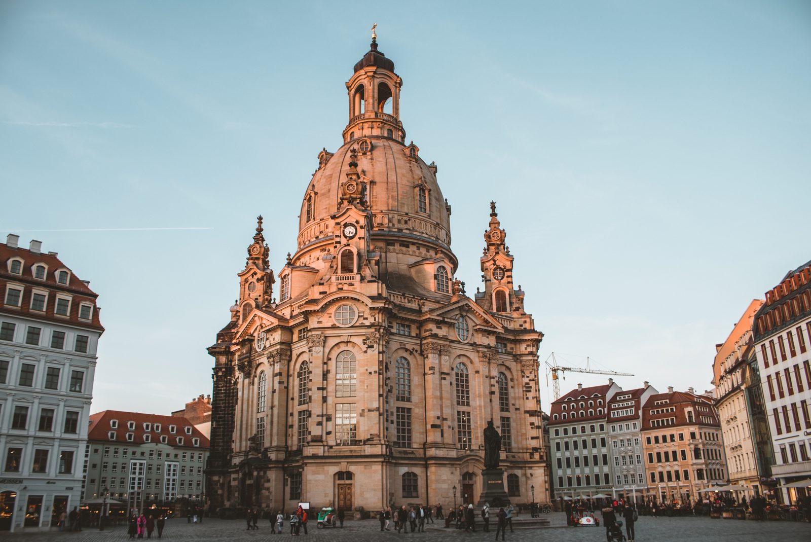 The rebuilt Frauenkirche on the Neumarkt in Dresden, its dome catching the evening light