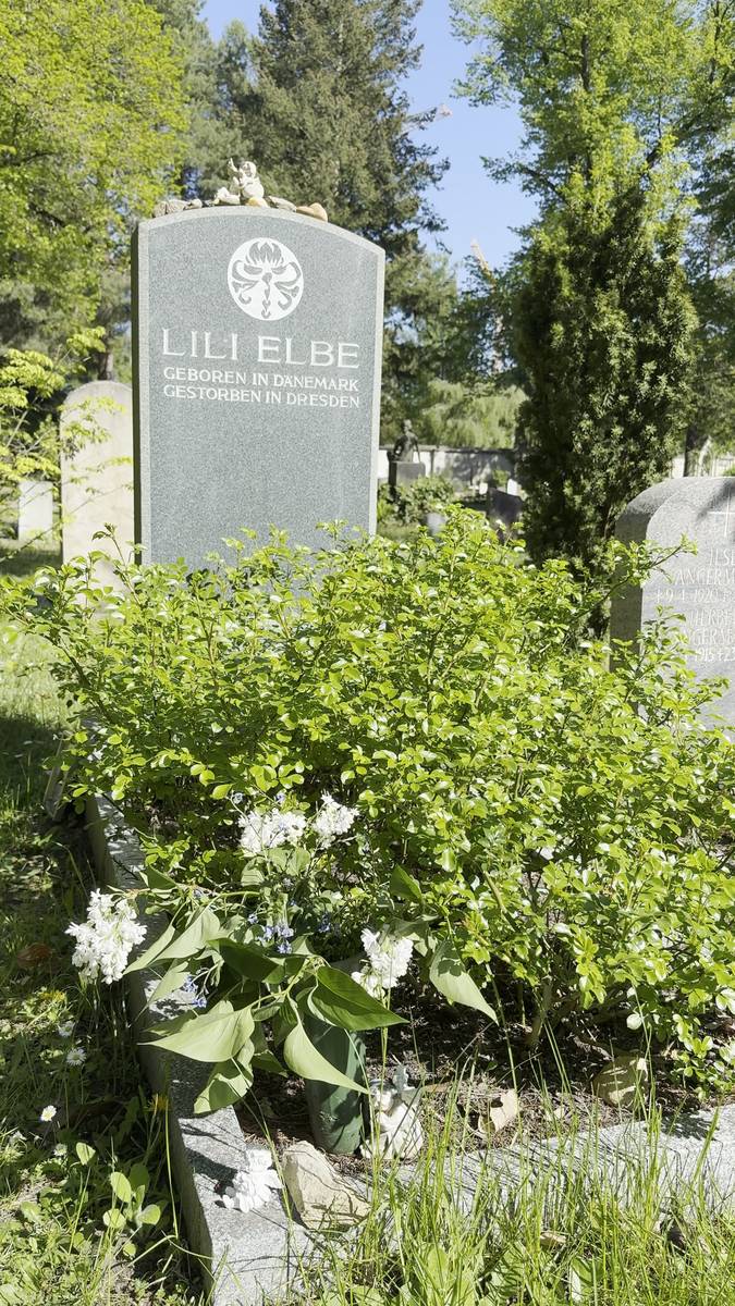 Lili Elbe's gravestone in Dresden, surrounded by spring flowers