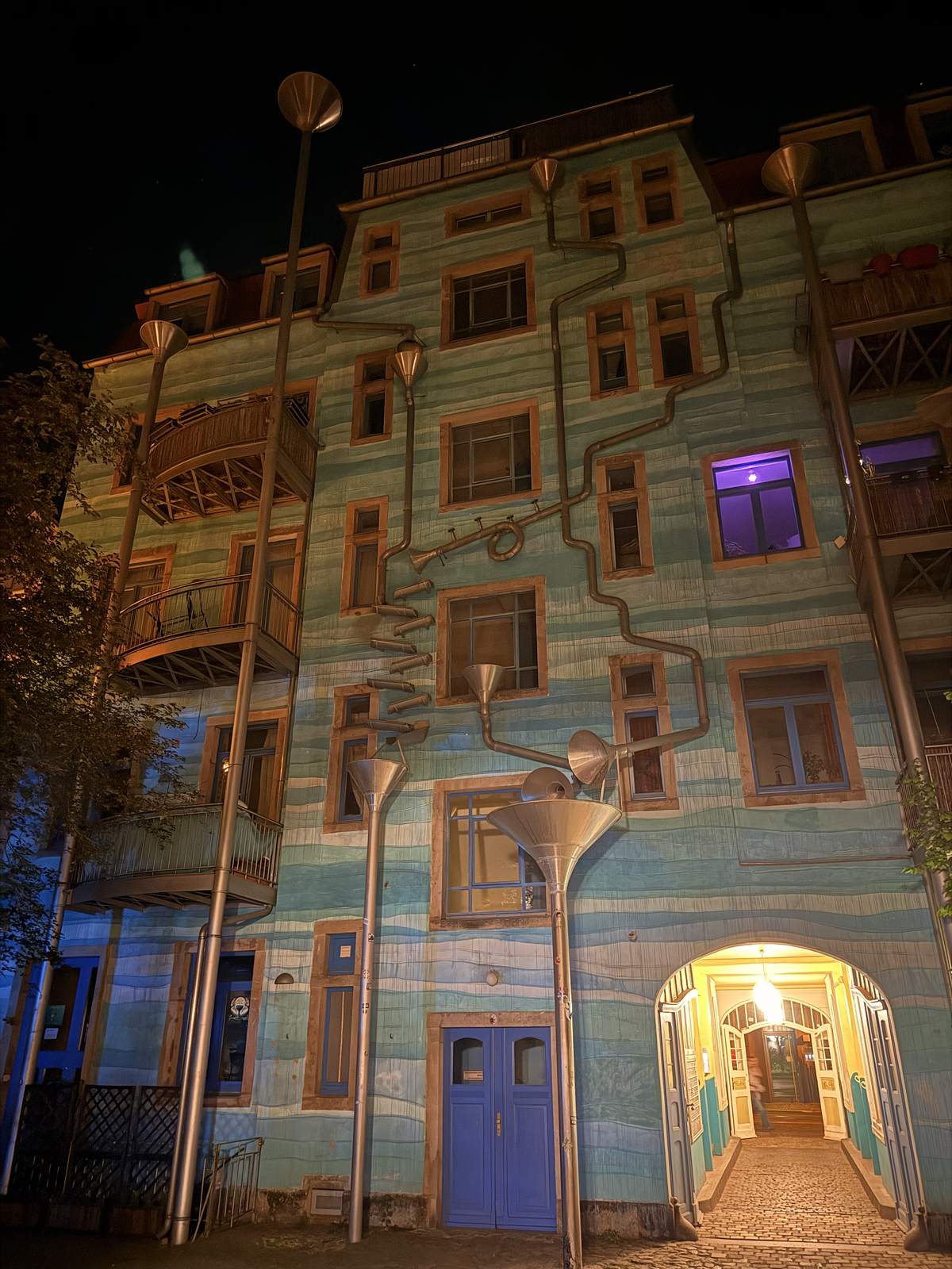 The Courtyard of the Elements in the Kunsthofpassage, Dresden Neustadt, lit up at night