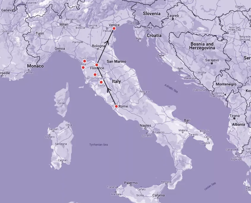 Route map — Italy: Discovering Rome, Tuscany and Venice