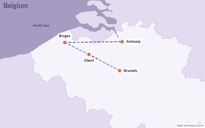 Route map of the gay Belgium tour: Brussels, Ghent, Bruges and Antwerp